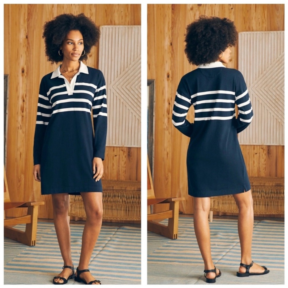Faherty Rugby  Striped Collared Shirt Dress Navy White Long Sleeve Size L